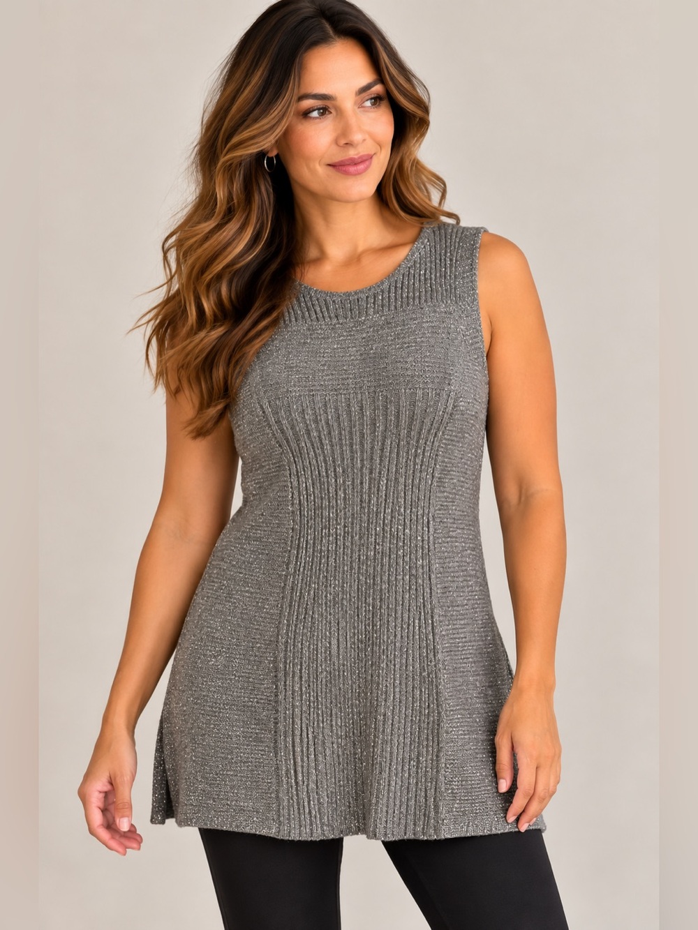 Eileen Fisher Grey Silver Metallic Silver Sparkling Knit Tunic Lagenlook L
